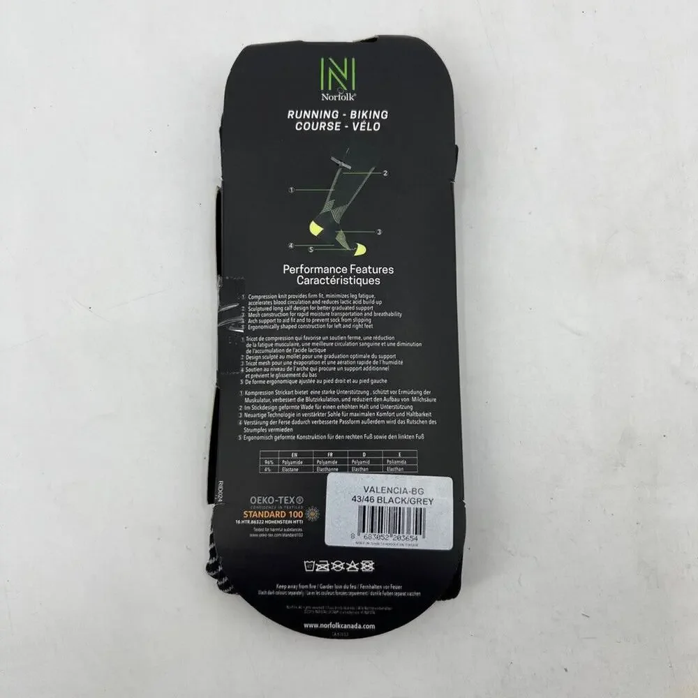 Norfolk Socks Mens 10-13 Black‎ Grey Valencia-BG Performance Running Biking